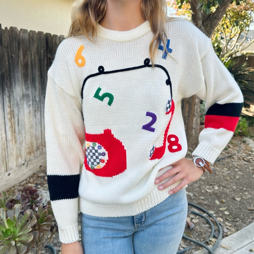 VINTAGE M RARE Rotary Telephone Mixed Media Crewneck Sweater • Rainbow Numbers